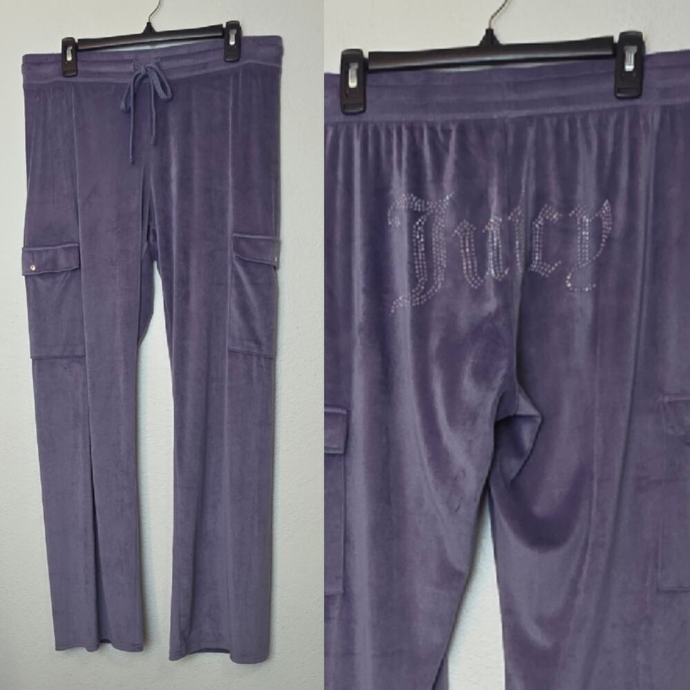 JUICY COUTURE Purple Bling Cargo Pocket Velour Wide Leg Pants Logo Y2K Size XL